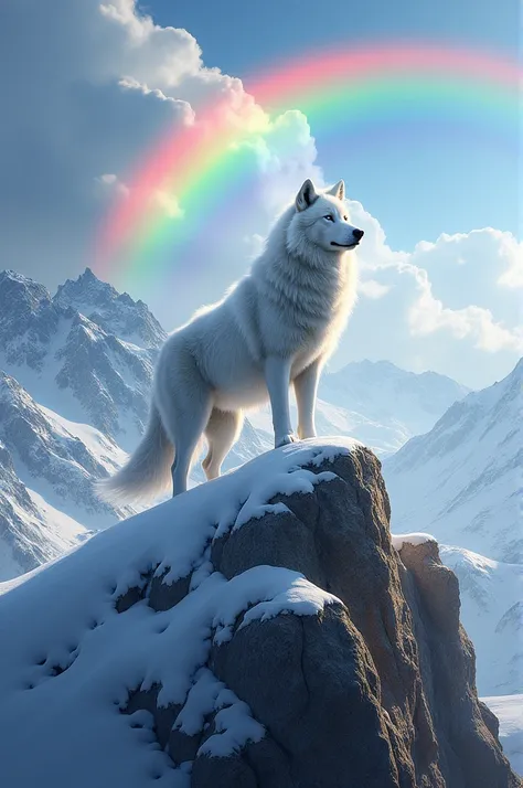 White wolf on top of mountain with rainbow behind 