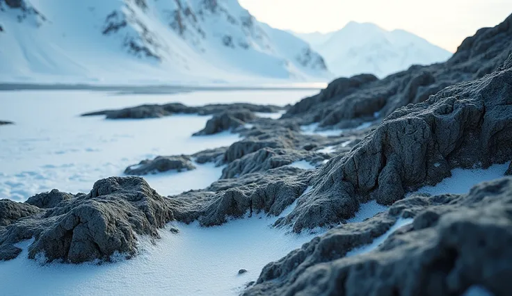 Detailed close-up of exposed Antarctic terrain, showing patches of rocky ground amidst the icy expanse, with dramatic lighting