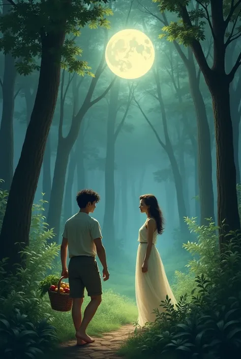 
A small village surrounded by a lush forest. The young man is walking through the forest, dressed in simple clothes and carrying a basket full of fruit. suddenly, the Moon appears, a mysterious young woman, with an ethereal appearance, Luminous skin and a...