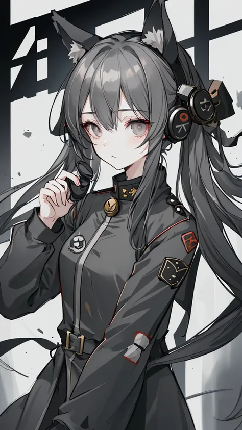 tension，gray long hair，Dark Eyes，gray military uniform，animal ears, bell，Half a penny，High resolution, goggles, 