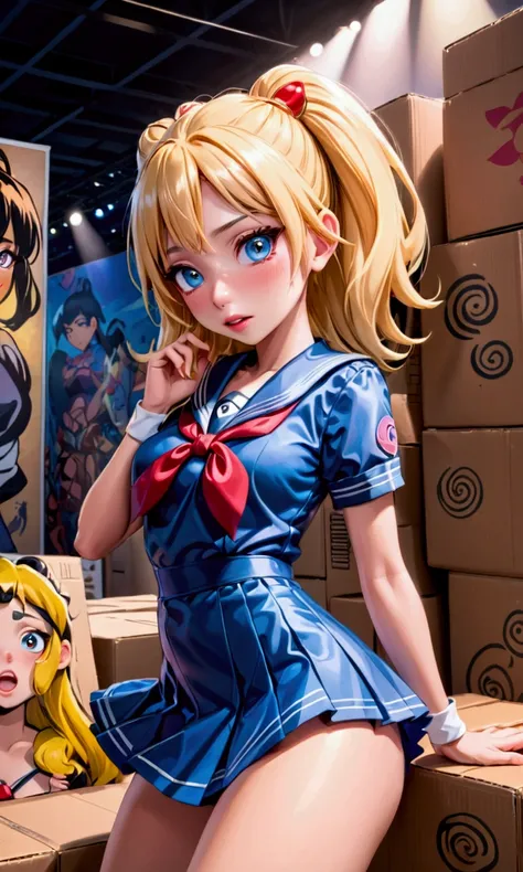 A cute elf girl in a sexy sailor scout uniform, flirty pose next to a cardboard figure of Naruto at a crowded comic convention, beautiful detailed eyes,beautiful detailed lips,extremely detailed eyes and face,longeyelashes,1girl,fantasy,illustration,digita...