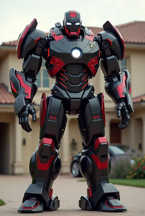 Combine Iron Mans suit and Lamborghini car and make a robot with Lamborghini logo on it and Lamborghini parts shown and robots color should be red or black and the robot should stand in front of Iron Mans house and iron man suit and Lamborghini car mix ver...