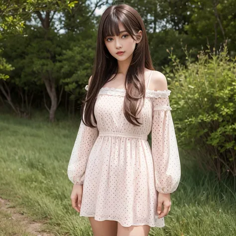 Wearing an orange polka-dot lace long-sleeved dress，knee shot, The background is grassland，1 female, light brown hair, blunt bangs, hair behind ears, Shoulder length hair, long hair, Slender body shape, 超face slimming型, face slimming, delicate lips, Beauti...