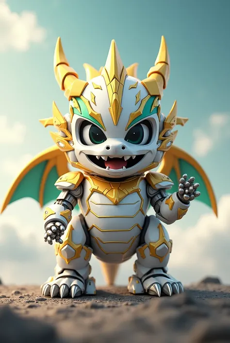 Power rangers Dragon Zord, Chibi style, sky, robotic, White Ranger Dragon Zord, Dragon like, metallic, realistic, gold and white and green color scheme, chinese dragon inspiration