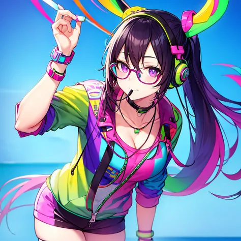 Interested, Finger on mouth, Glasses, Colorful Vaporwave Pallette, Colorfull, Creative Colors, Headphones, Leaning Forward, Female