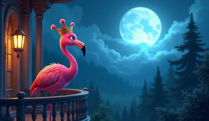 .The sight of a mysterious light On a moonlit night, the flamingo prince sees a mysterious light behind a distant forest from the palace balcony, pointing to a treasure. 3D cartoon style