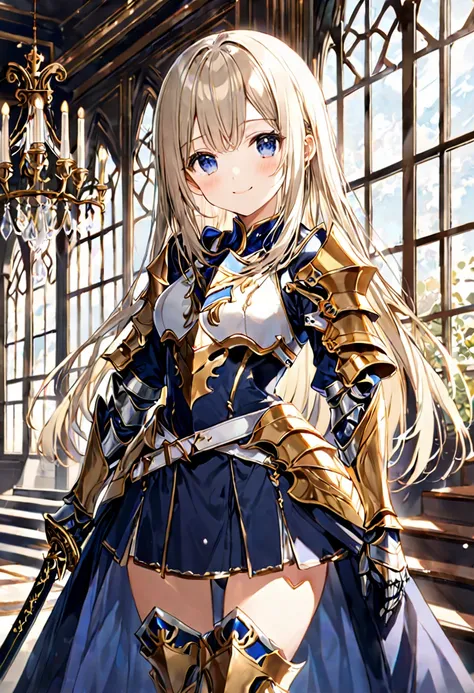 1 cute girl,
(light gold hair, lob hair, straight hair),
(dark blue eyes, tareme),
smile,

looking at viewer,

(platinum Valkyrie Armor Knight),
(dark blue skirt, gold line),
(with a Katana),

cowboy shot, solo,

noon time,
Fantasy style indoor,
chandelier...