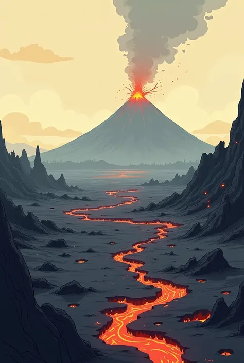 Make me a cartoon image showing a desolate field burned by a volcanic eruption.