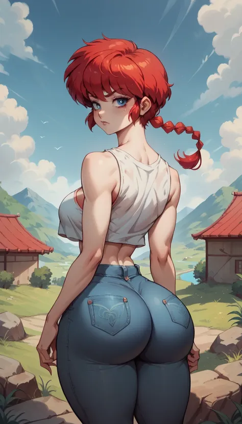 ranma chan, redhead, a woman , long and smooth red tone hair, bright and expressive blue eyes, she opted for worn adjusted jeans...