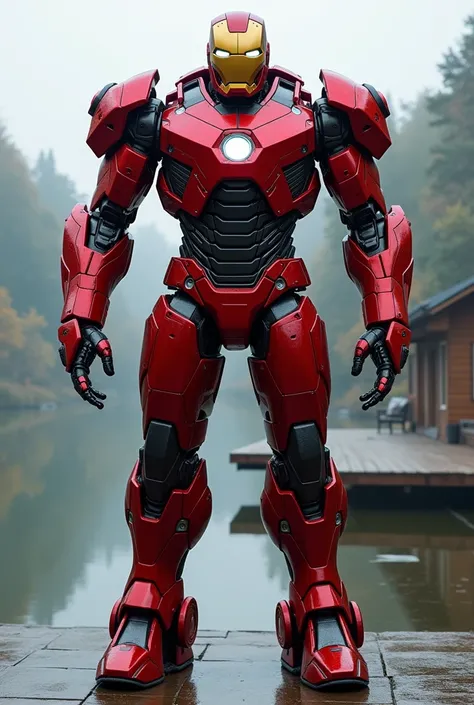 Combine Iron Mans suit and Lamborghini car and make a robot with Lamborghini logo on it and Lamborghini parts shown and robots color should be red or black and the robot should stand in front of Iron Mans house and iron man suit and Lamborghini car mix ver...