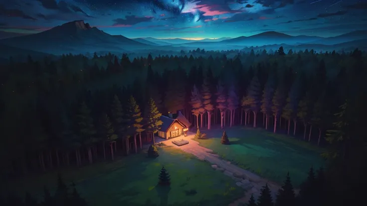 (work of art:1), (aerial view:1.6), (a cottage on the edge of a mountain:1.4), (pine forest:1.3), silence, (bonfire outside:1.1), magnificent sky, (Dim volumetric light:1.4), peaceful, (magenta blue sky), (night scene:1.4), (ghibli environment), Gorgeous t...