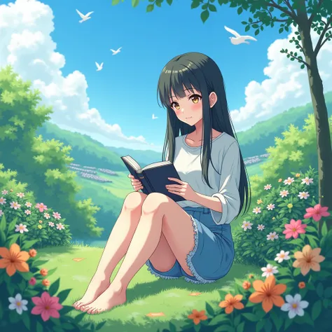 One with anime style bangs sitting in her garden reading a book with the blue sky with clouds and birds