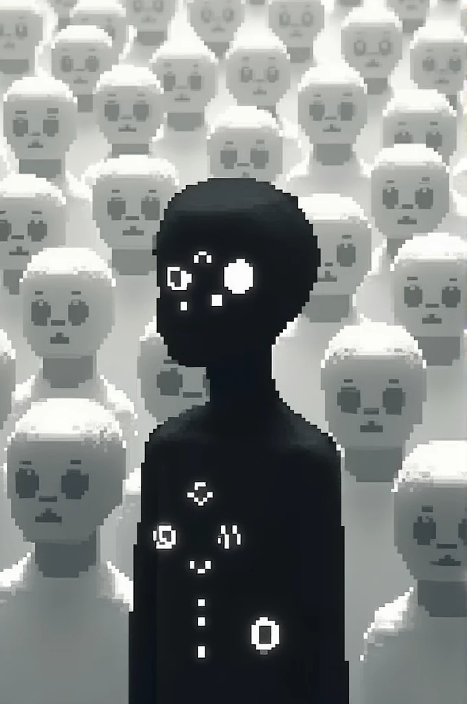 Create a monochrome pixel-art style scene where a central black figure with abstract glowing white symbols on its face and body stands out in a crowd of faceless white figures, all appearing blocky and uniform. The background is filled with these figures i...