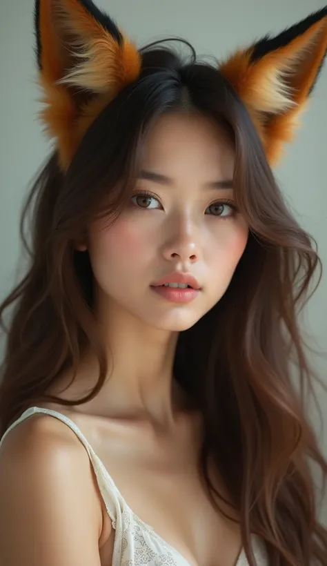 ((masterpiece, Best Quality)),((One beautiful woman)),Fox Ears, Portrait photography, Brown long hair