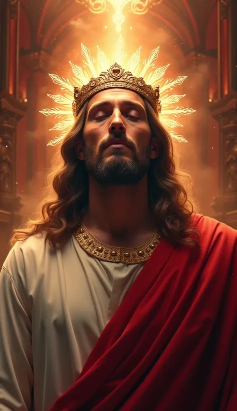 Jesus with a king&#39;s crown on his head, Jesus Christ, The Lord and Savior, portrait of Jesus Christ, Jesus of Nazareth, brilliant light masterpiece, jesus, greg olsen, king of kings, beautiful image already created, image background a kingdom of beautif...