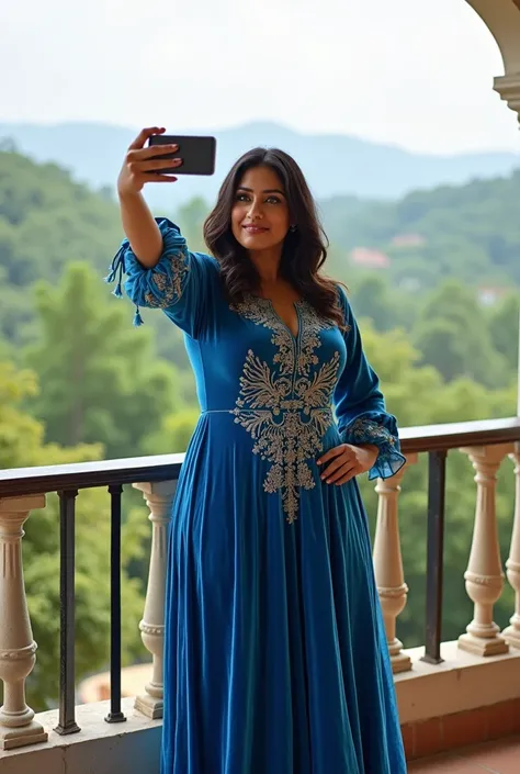 Perfect  Indian wife with embroidered blue velvet maxi dress, fit and busty woman, HDR, 8k, hyper detailed, best quality, ultra-high resolution, HDR, 8k, walking on the balcony, look at viewer, selfie pose, bright smile, straight hair