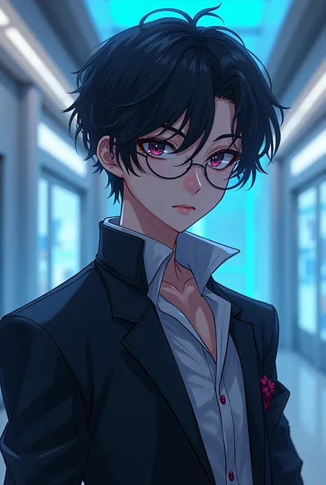 Create handsome anime teen and futuristic wearing eyeglasses