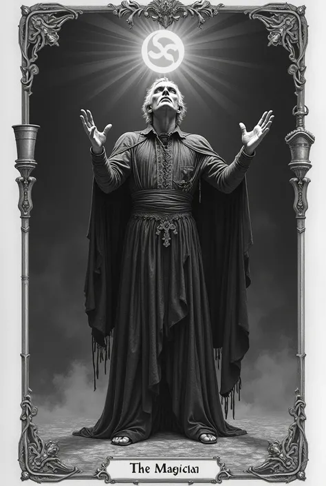 Create a gothic version of the magician&#39;s card, imitating the original version of Rider Waite Smith The image must be made in pencil In size of 13 cm x 3 cm elongated The style must fit the original design of Rider waite The image must have all its mag...