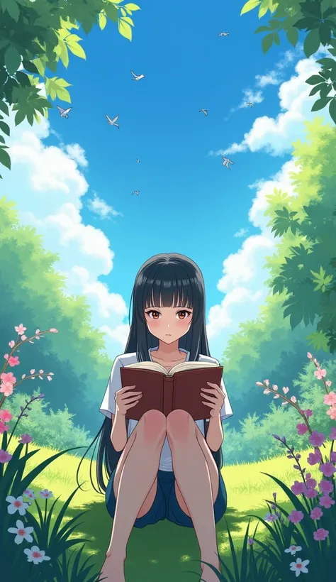 One with anime style bangs sitting in her garden reading a book with the blue sky with clouds and birds