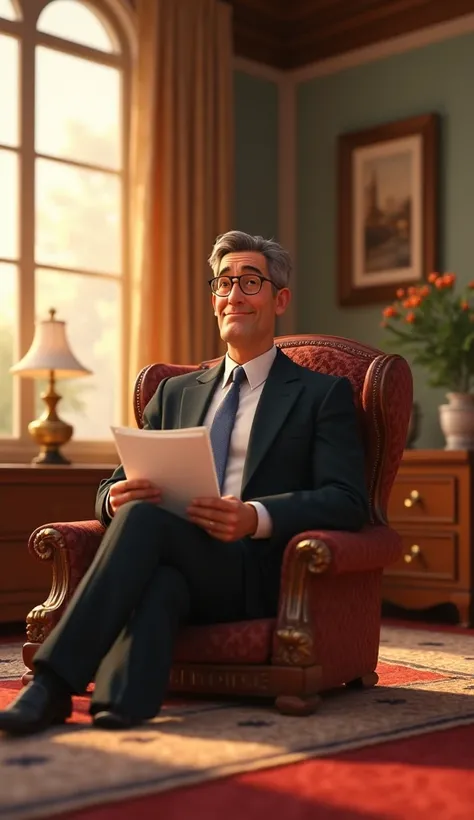 A rich man doing morning work, 3d, Disney Pixar style