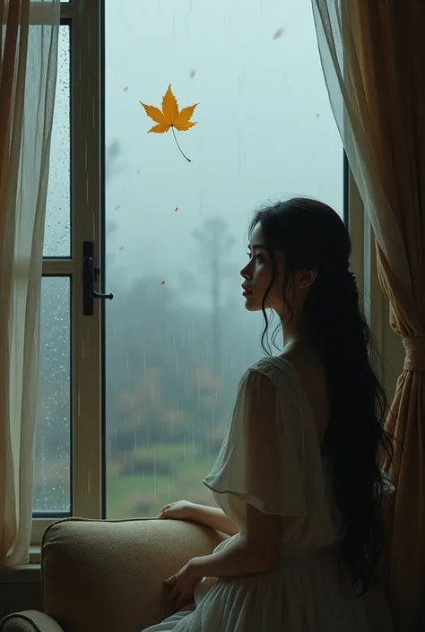 a young beautiful  lady in a living room of a tower looks  out of the windows into the drizzly  sky with a little golden leaf falling