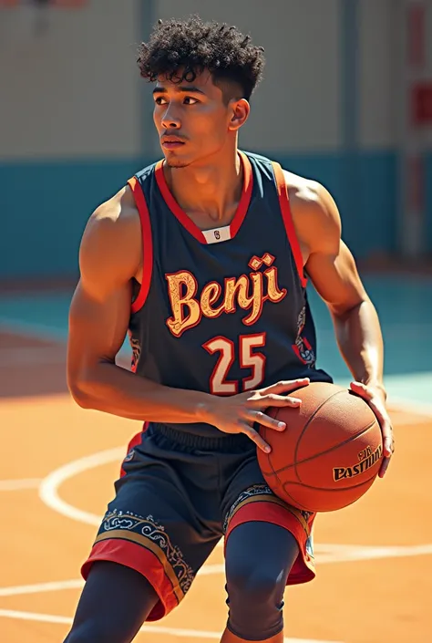 create a basketball player holding a ball. put name "BENJI" on his jersey korean style