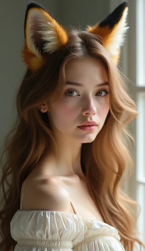 ((masterpiece, Best Quality)),((One beautiful woman)),Fox Ears, Portrait photography, Light brown long hair