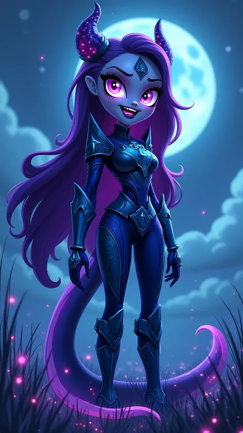 evil villain, nightmare moon(my little pony), equestriagirls, humanoid, human face, long hair, hair and tail flow in a starry midnight,  eyes with dragon-like pupils , fanged mouth, purple  lipstick, glossy purple eyeshadow, purple nails, Evil light blue a...