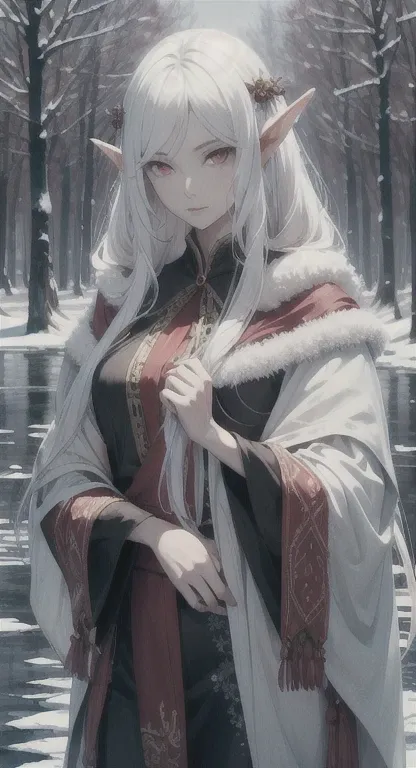 Young and sophisticated elf, long white hair, red eyes, water spirit, model, snow, cold forest, 