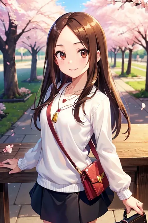 takagi-san、shiny brown hair, long hair,((medium chest、amount、center part:1.2))、 beautiful brown eyes、smile、shining eyes, (fine g...