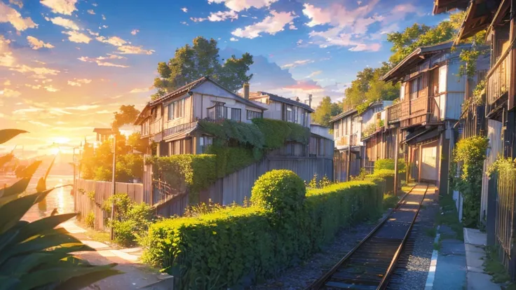 A scenic seaside railway track during sunrise or sunset, featuring a yellow and green train with the number 52 visible on its side. The train is moving along the track, with the warm, golden light of the sun casting a beautiful glow over the scene. The oce...