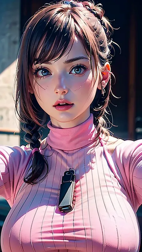 ((Beautiful Face:1.2)),((Huge breasts)),8k, Best Quality, masterpiece, Ultra-high resolution, (realism: 1.4), Original photo, (Realistic skin texture: 1.3), (Film Grain: 1.3), (Selfie angle), 1 girl, ((Pink high neck clothing:1.4)), Sapphire eyes and beaut...