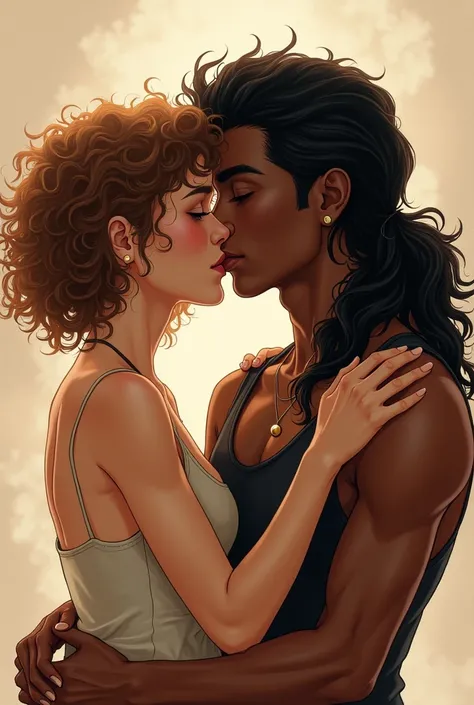 one with light brown curly hair and brown eyes kissing one with a black mullet and dark skin drawing