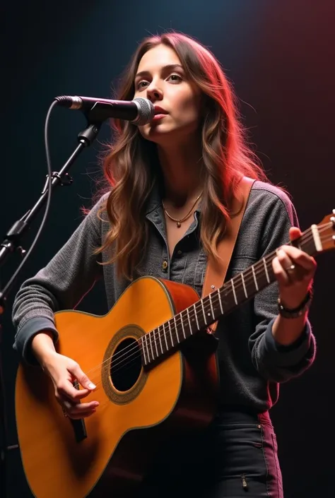 Busker,woman  playing guitar and singing into microphone, a portrait by Leo Michelson, shutterstock, realism, portrait sophie mudd, the girl plays the guitar, playing guitar onstage, singer songwriter, performing on stage, singer - songwriter, cynthwave, s...