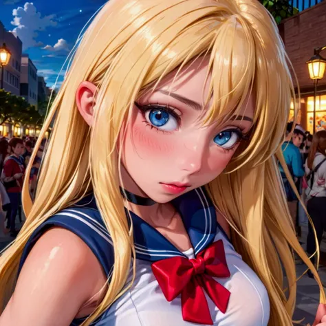 A cute school elf, beautiful detailed eyes,beautiful detailed lips,extremely detailed eyes and face,longeyelashes, elf costume, sexy sailor scout uniform, flirty pose, muscular Naruto cosplayer, comic convention, crowded, (best quality,4k,8k,highres,master...