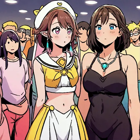 A cute school elf (cute yuna, elf costume, sexy sailor scout uniform) being flirty and posing next to a muscular Naruto cosplayer at a comic convention, crowded, so cute
