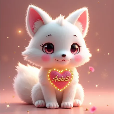 A stunning 3D rendering of an incredibly stylish and comfortable light pink rose themed plush white fox named "Arabell". The fox features a delicate heart adorned with the name in gold font and is surrounded by luxurious gold details that shine with captiv...