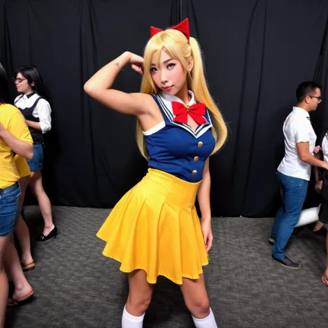 A cute school elf (cute yuna, elf costume, sexy sailor scout uniform) being flirty and posing next to a muscular Naruto cosplayer at a comic convention, crowded, so cute
