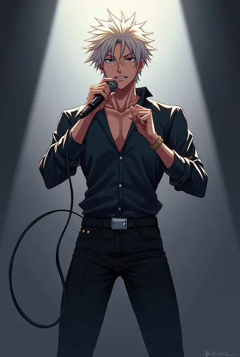 Create a cool male anime character pose standing with a microphone, both hands holding the mic, full body