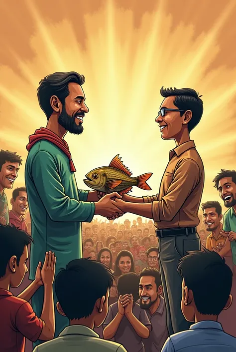 {
  "size": "1024x1024",
  "prompt": "A political cartoon-style image where Bangladesh is symbolically handing over a large ilish fish to India, while India is giving a chair to Bangladesh in return. Around them, Bangladeshi students are applauding with en...