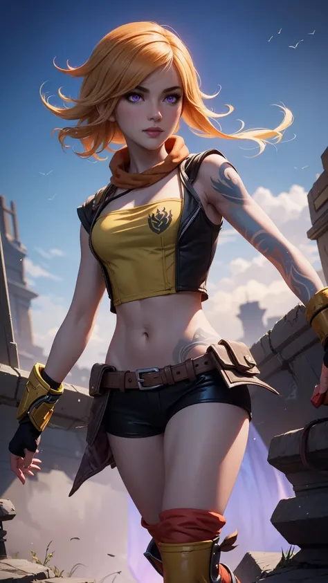 1girl, 1girl, combining elements of Yang Xiao Long from "RWBY" and Lilith from "Borderlands", beautiful detailed eyes, beautiful detailed lips, extremely detailed face and portrait, long eyelashes, flowing golden hair, lilac/violet eyes, crop top, short sh...