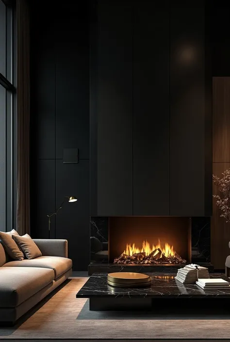 “Design a lavish interior with dark, matte black walls and amadeirado furniture. The space exudes power with large, minimalist furniture, subtle gold accents, and a black marble fireplace. A luxury lifestyle is symbolized by stacks of cash, designer clothe...