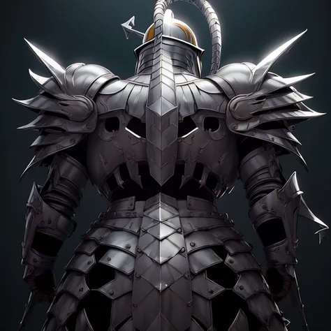 menacing knight,
wearing ornate silver armor adorned with spikes and intricate details.
intimidating helmet with a horn and angu...