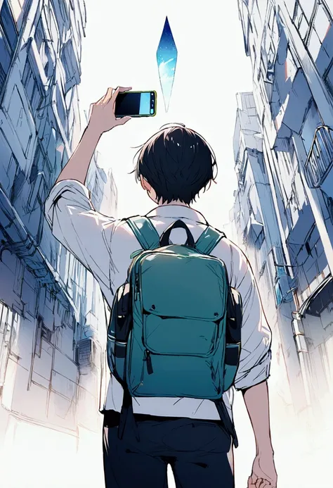 Short Hair、、male、Student with smartphone、Reaching for the sky、Rear view