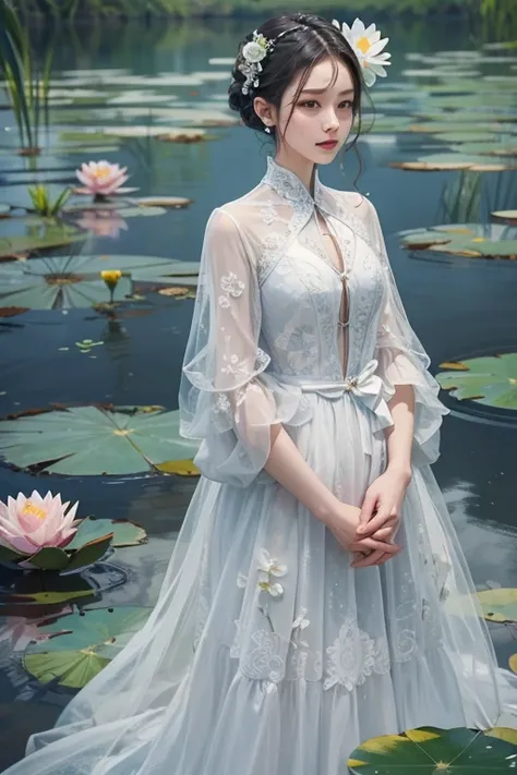 masterpiece: 1.2, Portraiture, Best Quality), Realistic, (Live Action, Intricate details, Written boundary depth), Best Quality, masterpiece, Attention to detail, Realistic, fairly in the reflection of a big pond with plenty of water lily. white one piece ...