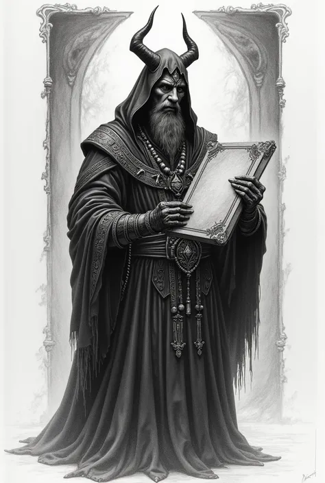 Create a gothic version of the high priest&#39;s letter, imitating the original version of Rider Waite Smith The image must be made in pencil In size of 13 cm x 3 cm elongated The style must adjust to the original design of Rider Waite Create a narrower im...