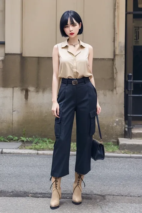 Black Hair,The front of the bob falls off,Heavy makeup,Navy blue shirt blouse,(Beige Cargo Pants),Low rise,Boots in,Expressionless,Japanese,Red Lip,Sleeveless,Boots in,Ribbon collar