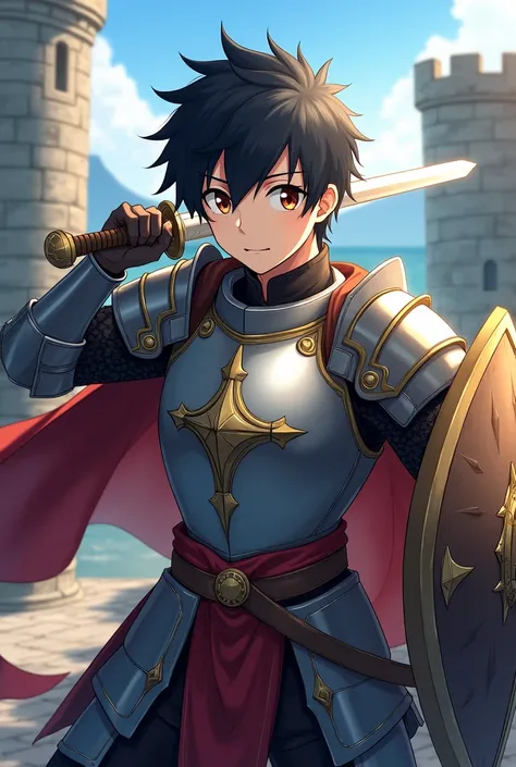 Anime boy with medieval armor, black hair and brown eyes, age 18
