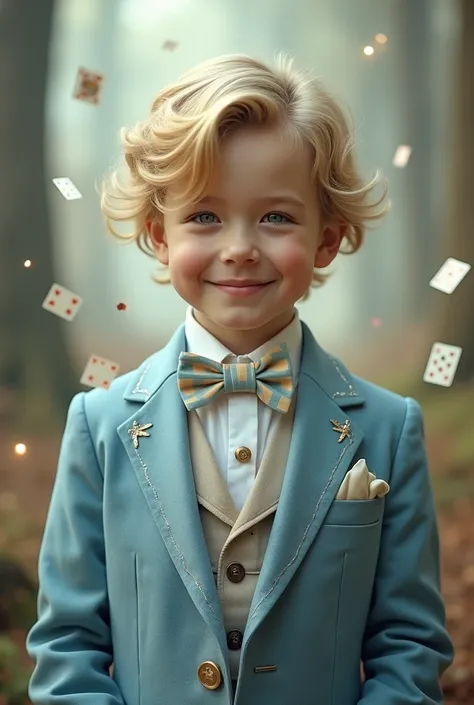 (masterpiece) (highquality) A man in a light blue suit inspired by Alice in Wonderland smiling, Asian blond boy with slightly long, slightly wavy hair, bts man&#39;s hair, cute boy in a Victorian-style designer suit, suit with many details, blue, white and...