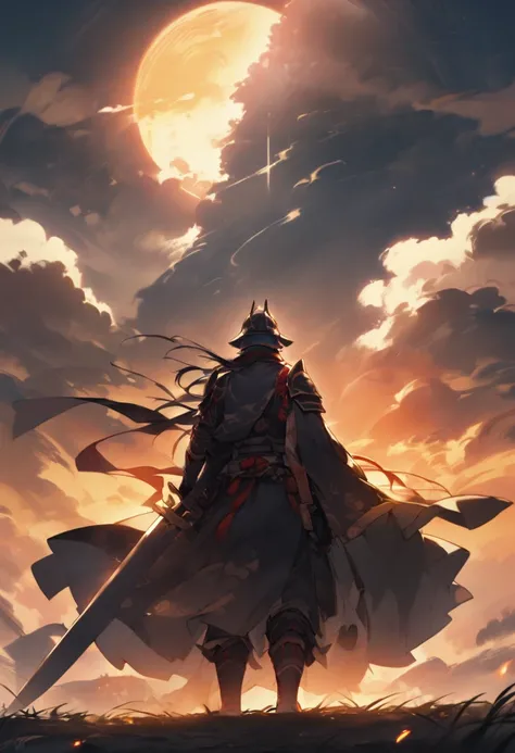 A samurai from the Warring States period、Standing on the Hill、This is a scene looking out over the wide battlefield.。He is wearing traditional Sengoku period armor.、He wears a helmet on his head.、He has a long sword at his side。The sky is cloudy、The settin...